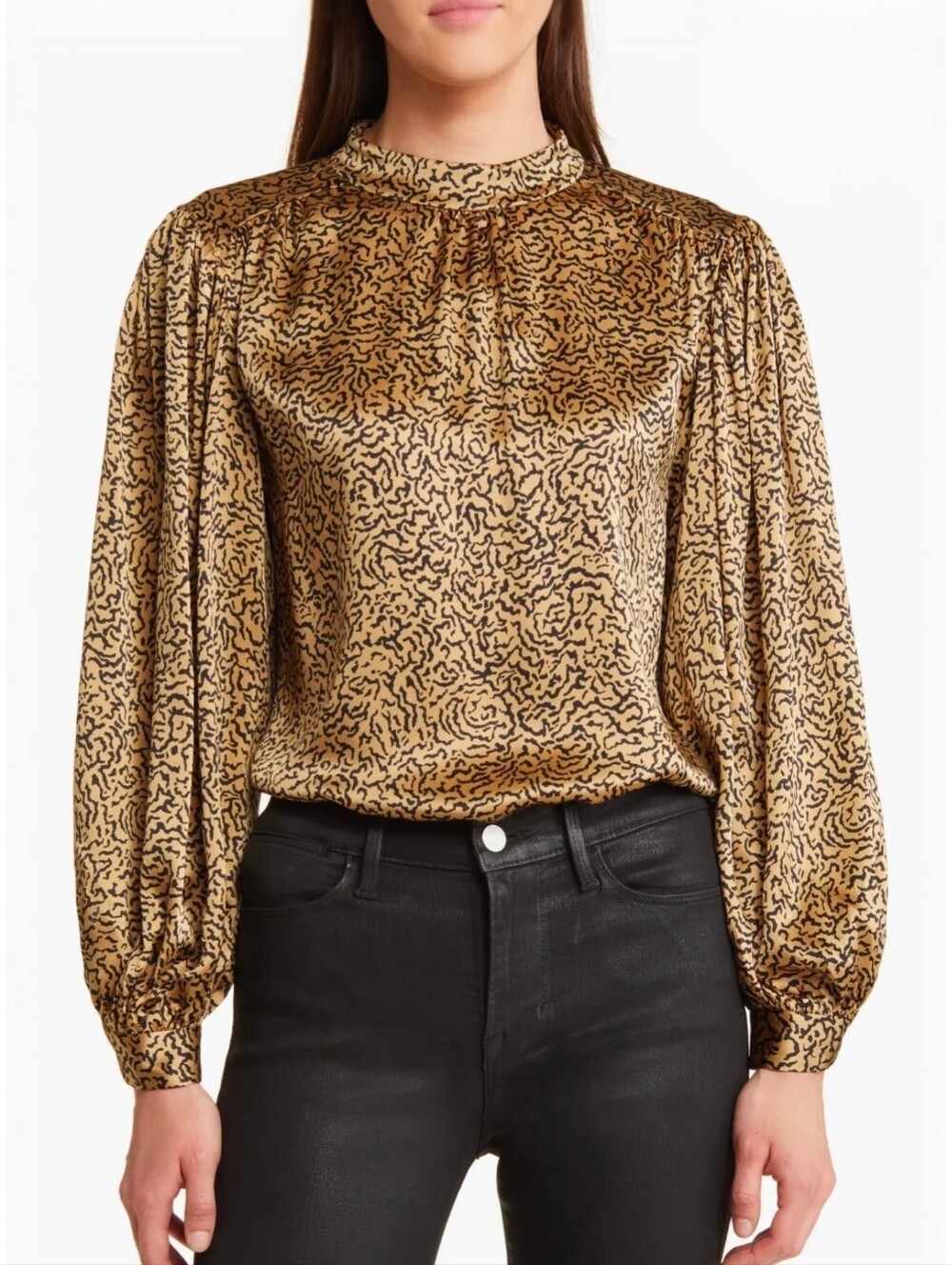 FRAME Women's Silk Blouse XS Mock Neck Balloon Sleeve Oversized Relaxed Boxy Fit